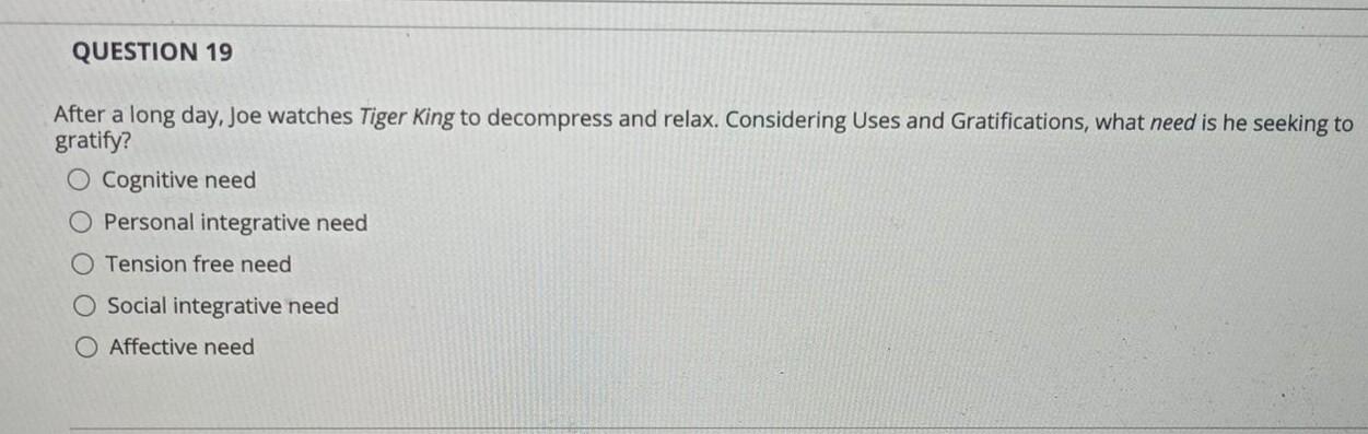 QUESTION 19 After a long day, Joe watches Tiger
