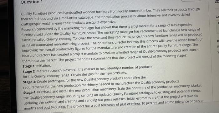 Quick help please Quality Furniture produces