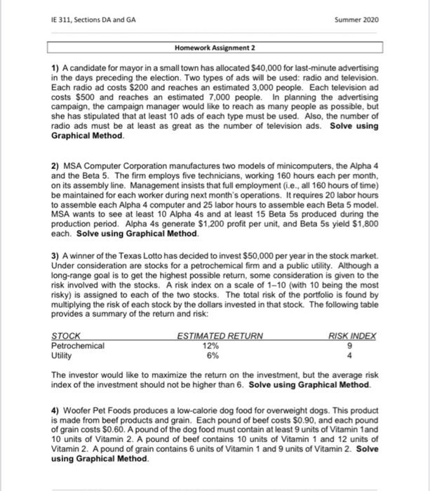 IE 311, Sections DA and GA Summer 2020 Homework