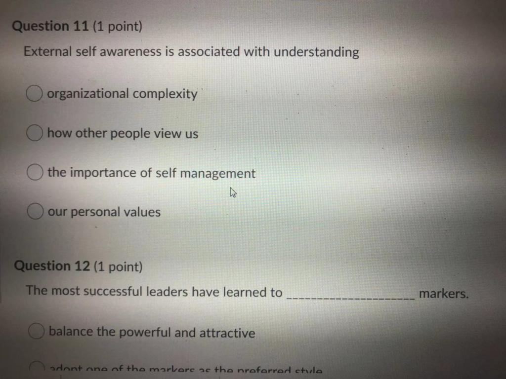 Question 11 (1 point) External self awareness is