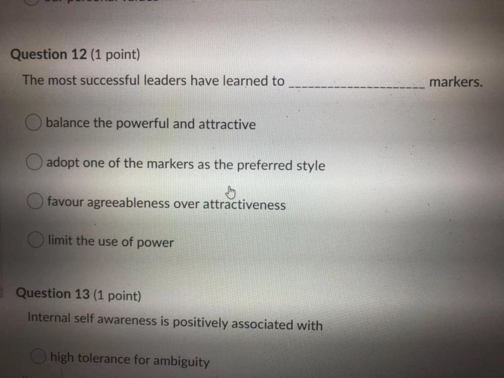 Question 11 (1 point) External self awareness is