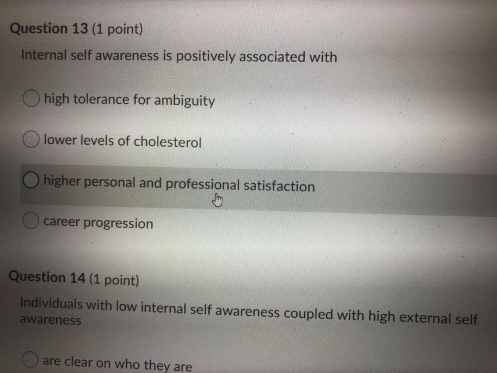 Question 11 (1 point) External self awareness is