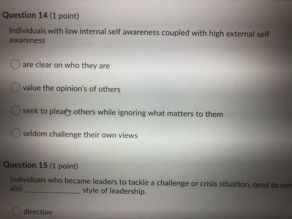 Question 11 (1 point) External self awareness is