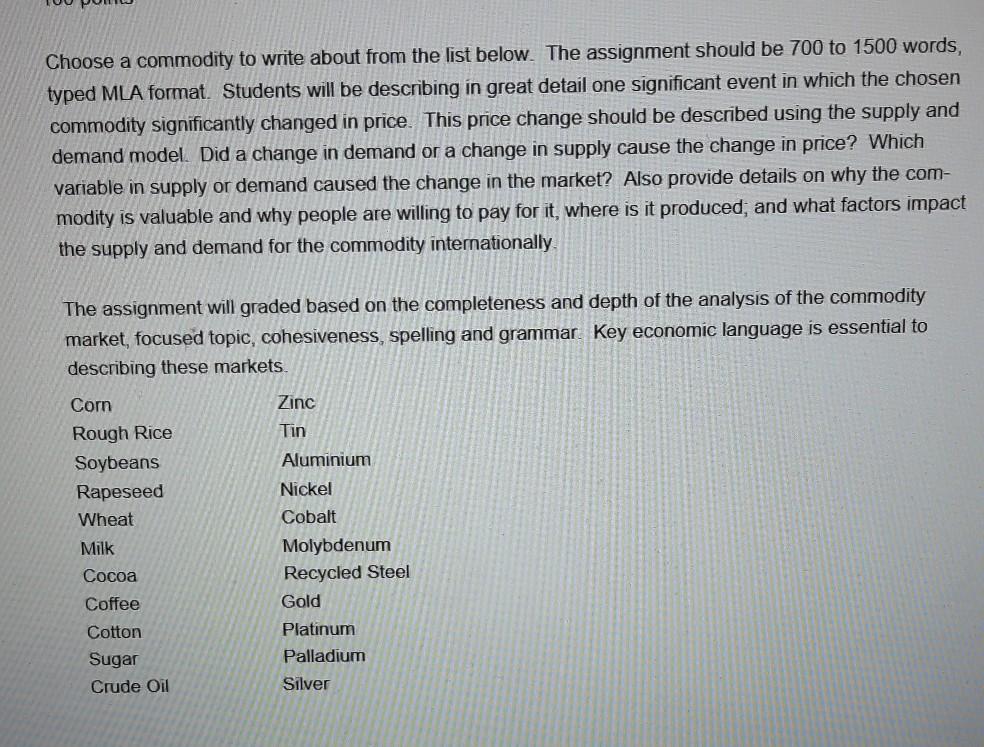 Choose a commodity to write about from the list