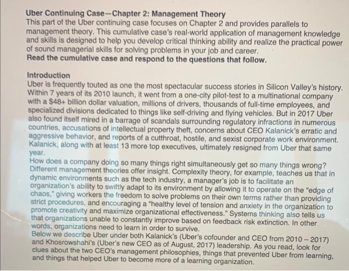 Uber Continuing Case-Chapter 2: Management Theory