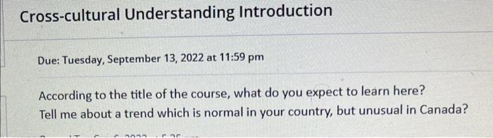 Cross-cultural Understanding Introduction Due: