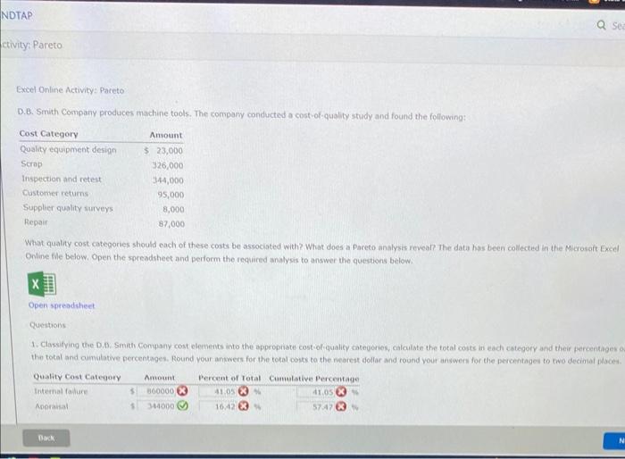 Excel Online Activity: Pareto D.B. Smith Company