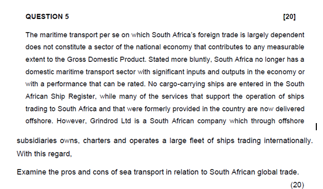 QUESTION 5 [20] The maritime transport per se on
