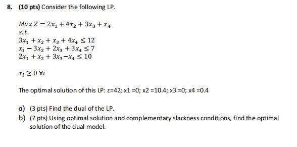 8. (10 pts) Consider the following LP. Max Z = 2x