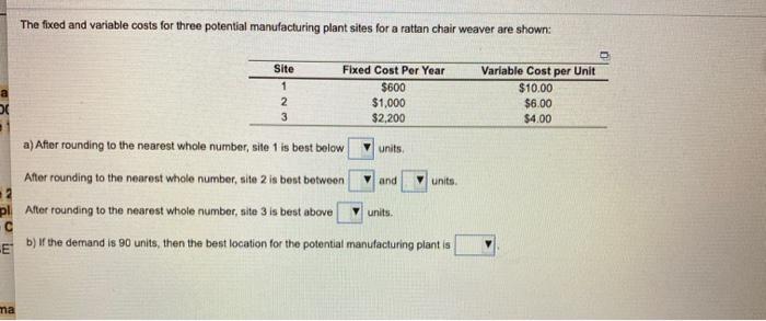 The fixed and variable costs for three potential