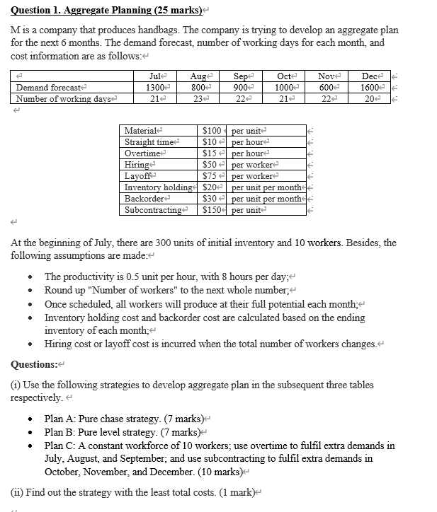 Question 1. Aggregate Planning (25 marks) Mis a
