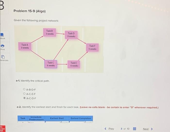 B Problem 15-9 (Algo) Given the following project