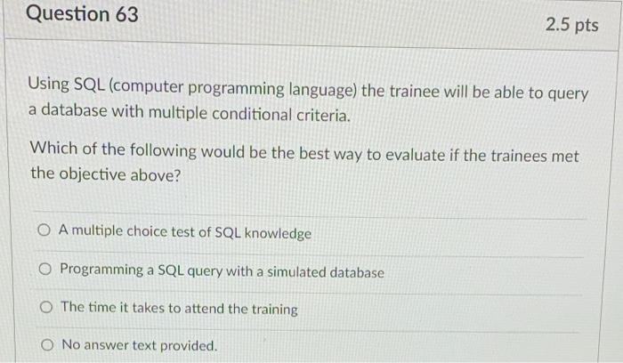 Question 63 2.5 pts Using SQL (computer