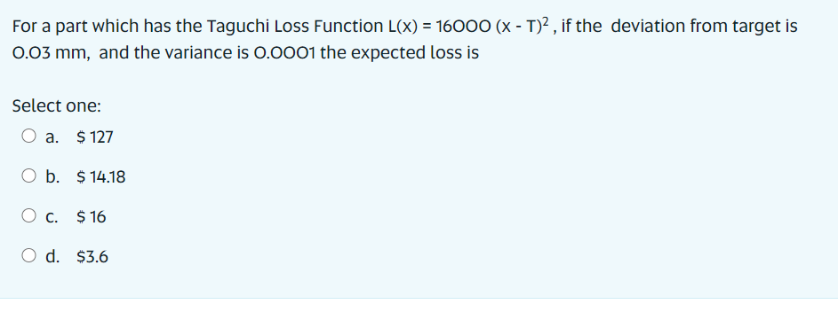 For a part which has the Taguchi Loss Function