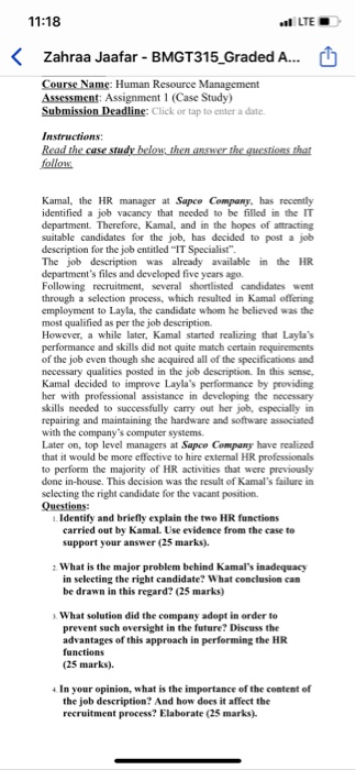 11:18 vl LTE < Zahraa Jaafar - BMGT315_Graded