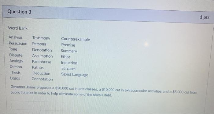 Question 3 1 pts Word Bank Analysis Testimony
