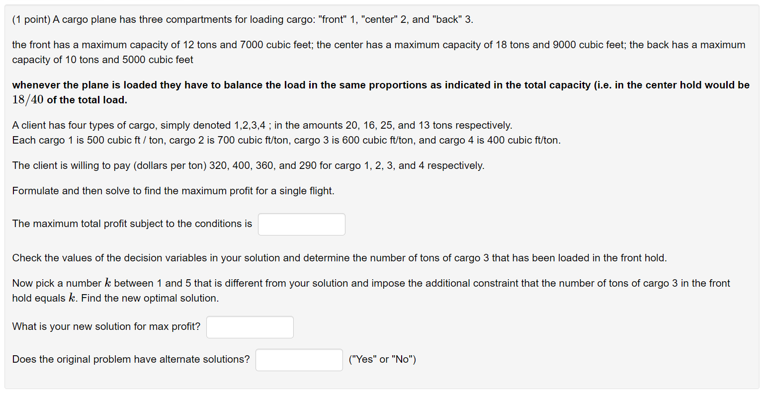 (1 point) A cargo plane has three compartments