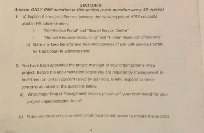 ANSWER ALL QUESTIONS SECTION B Answer ONLY ONE
