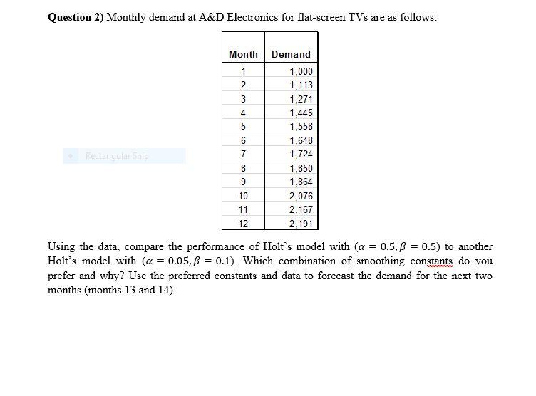 Question 2) Monthly demand at A&D Electronics for