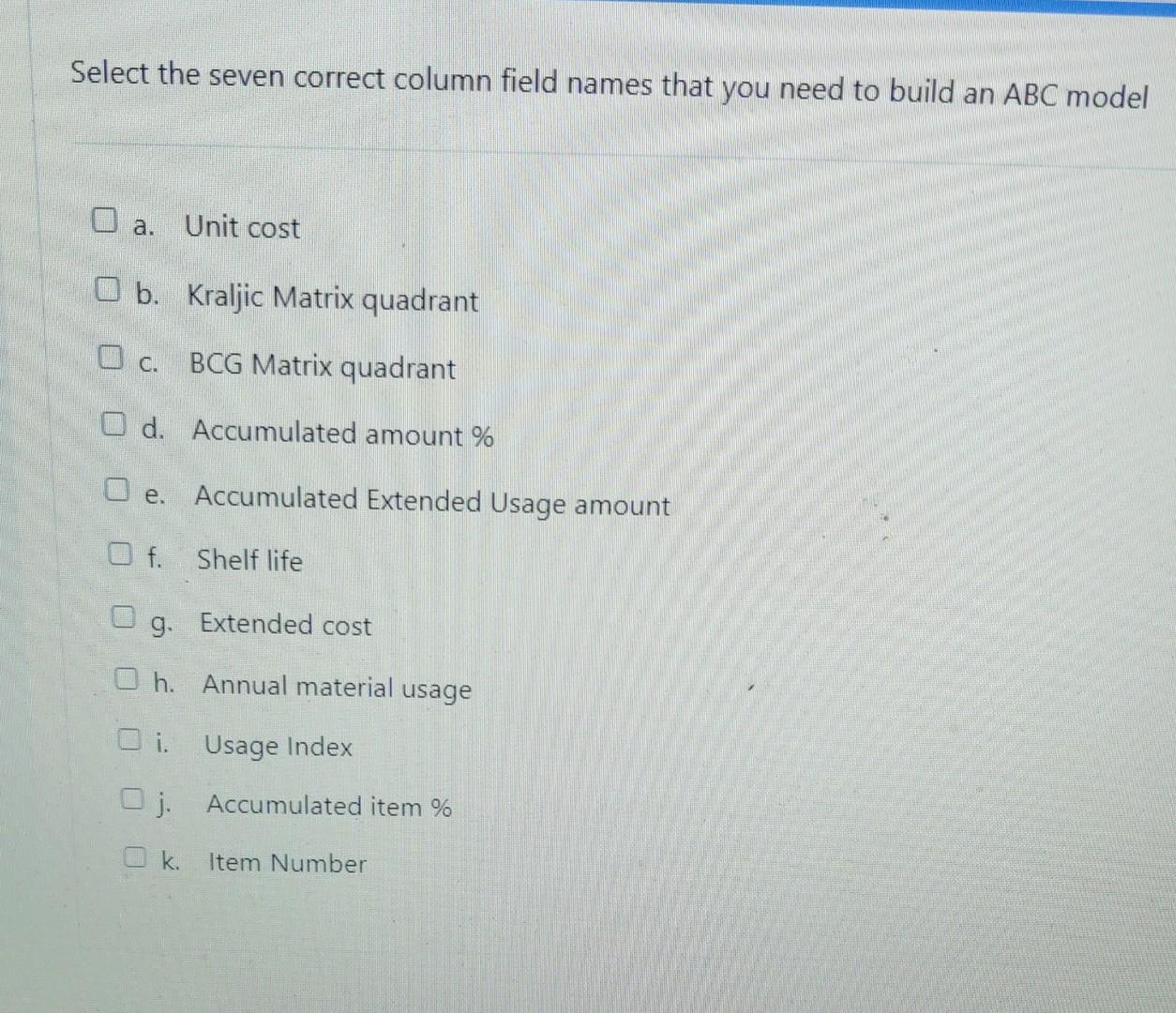 Select the seven correct column field names that