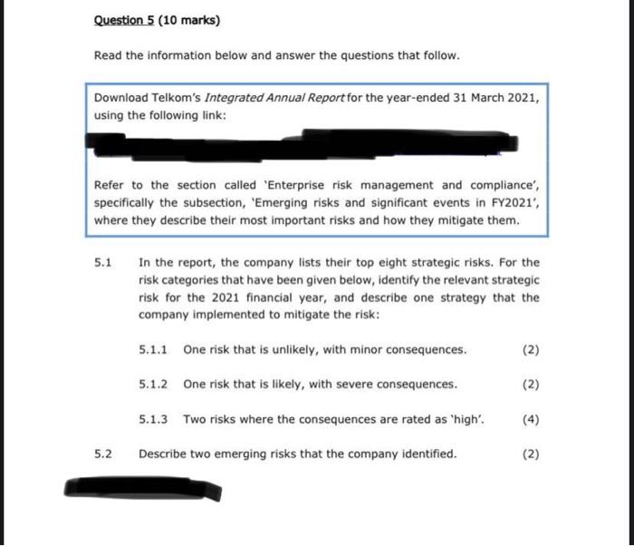 Question 5 (10 marks) Read the information below