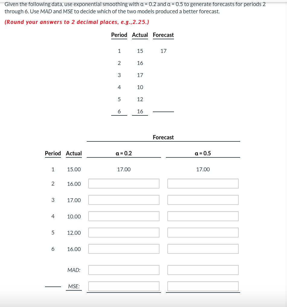 Given the following data, use exponential