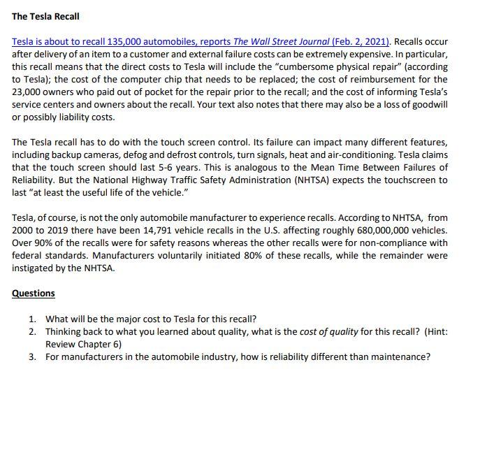 The Tesla Recall Tesla is about to recall 135,000