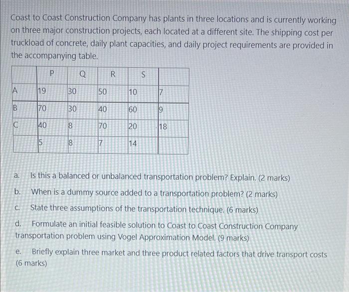 Coast to Coast Construction Company has plants in