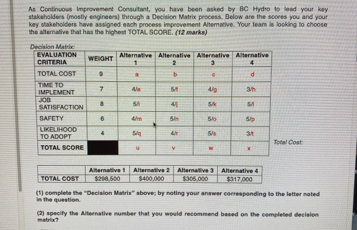 As Continuous Improvement Consultant, you have