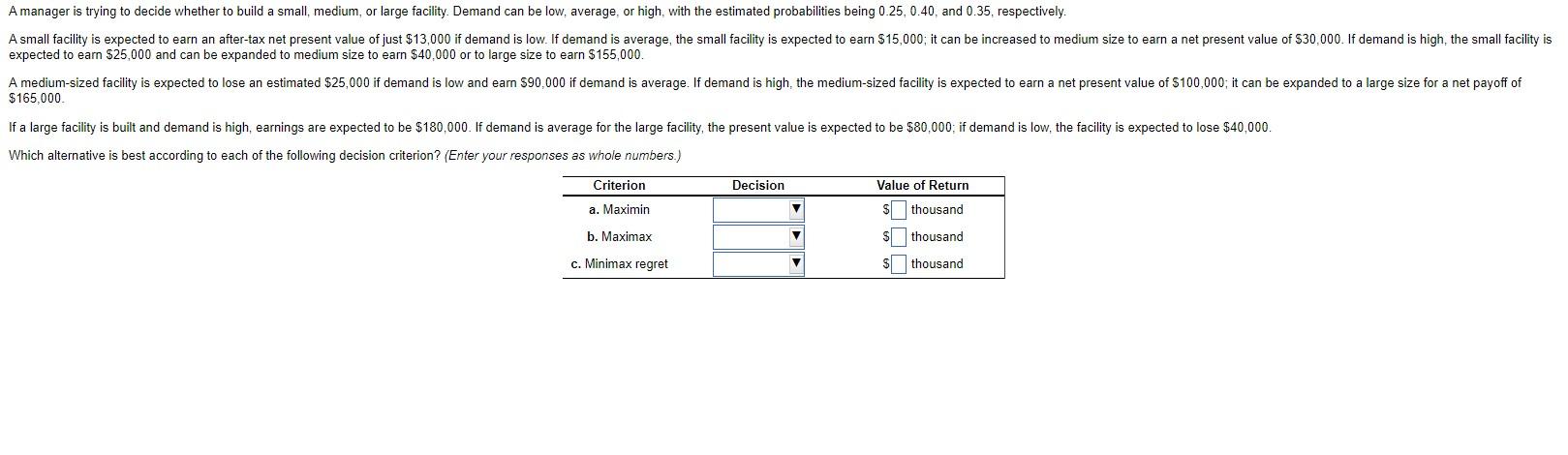 A manager is trying to decide whether to build a