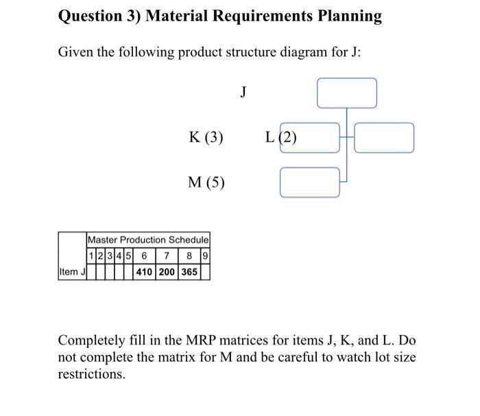 Question 3) Material Requirements Planning Given