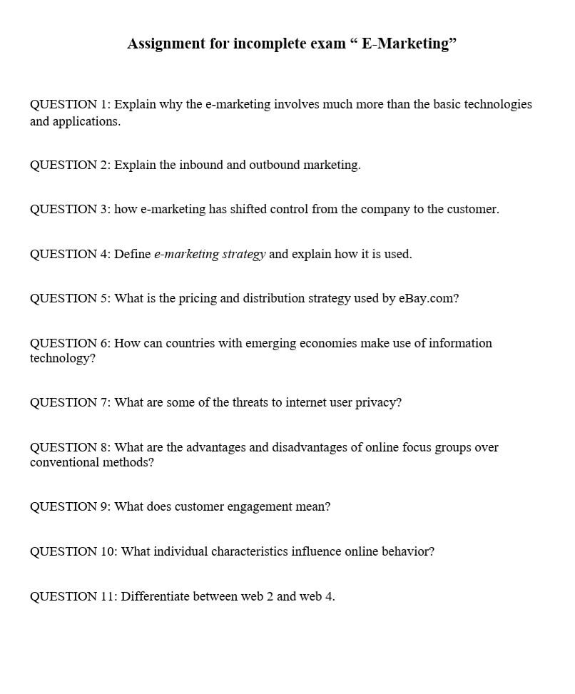 Assignment for incomplete exam E-Marketing