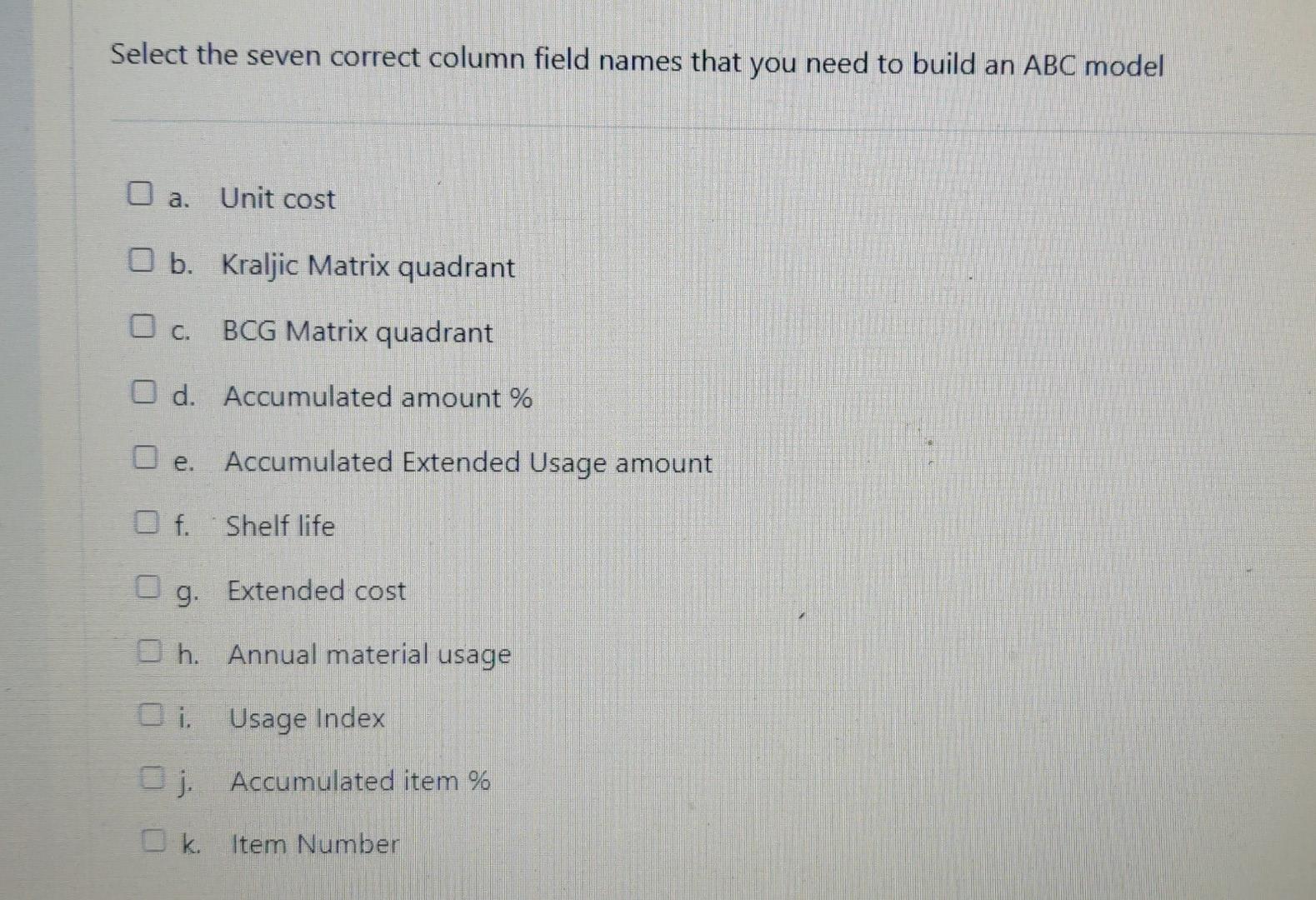 Select the seven correct column field names that