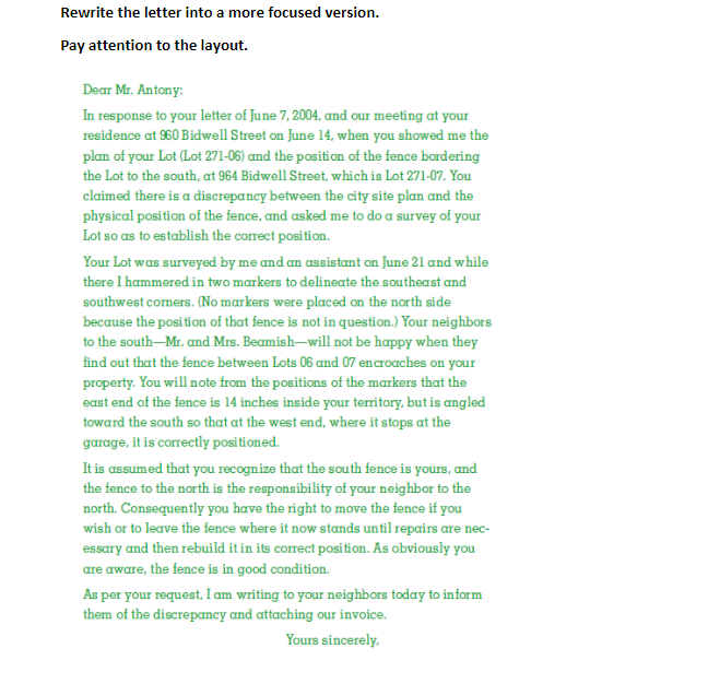 Rewrite the letter into a more focused version.