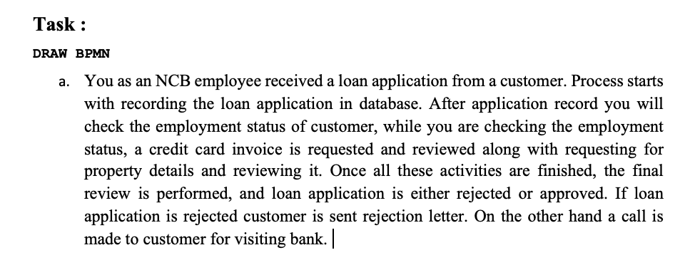 HELP PLEASE! Task : DRAW BPMN a. You as an NCB