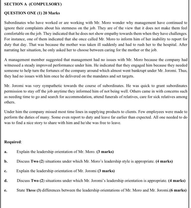 SECTION A (COMPULSORY) QUESTION ONE (1) 20 Marks