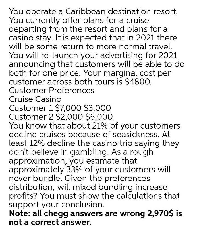 You operate a Caribbean destination resort. You