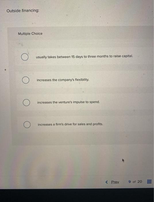Outside financing: Multiple Choice usually takes