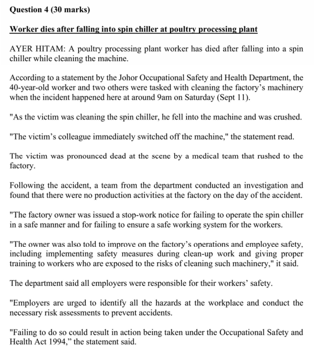 Question 4 (30 marks) Worker dies after falling