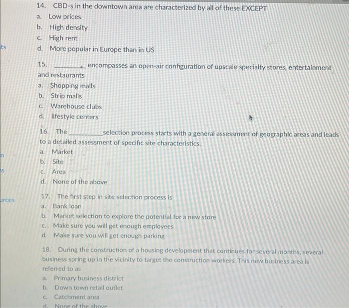 ts n 15 urces 14. CBD-s in the downtown area are