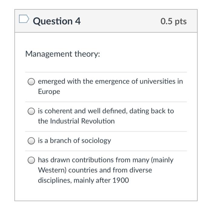 Question 4 0.5 pts Management theory: emerged