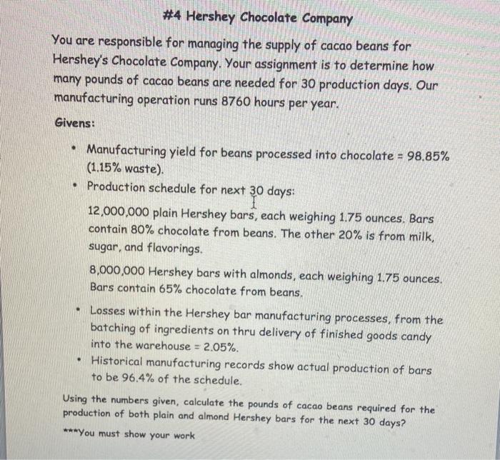 #4 Hershey Chocolate Company You are responsible