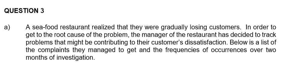 QUESTION 3 a) A sea-food restaurant realized that