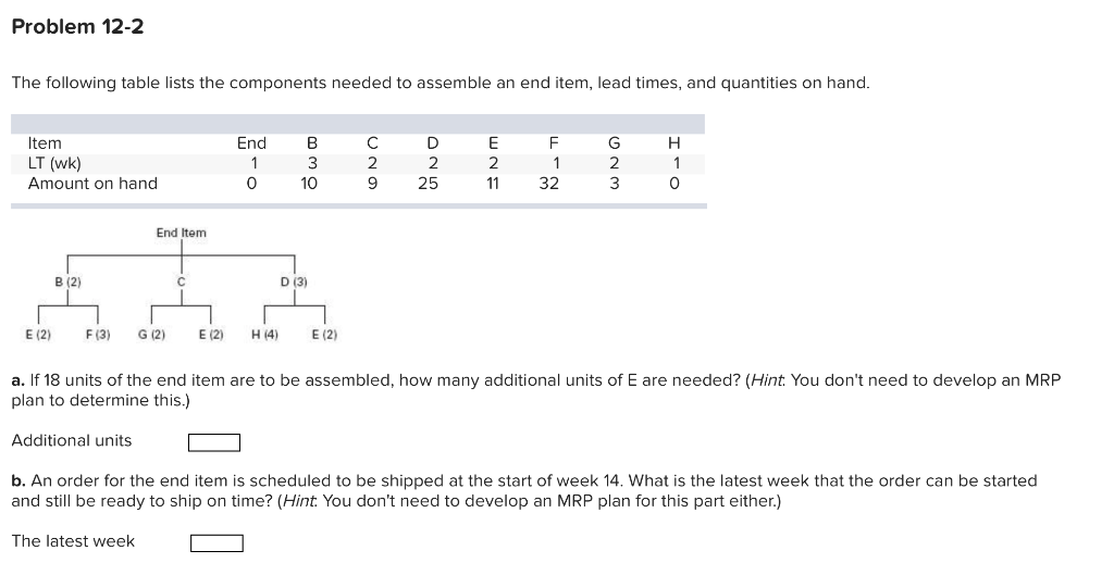 Problem 12-2 The following table lists the