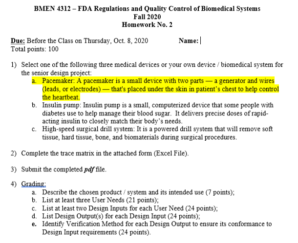 I am doing the pacemaker BMEN 4312 - FDA