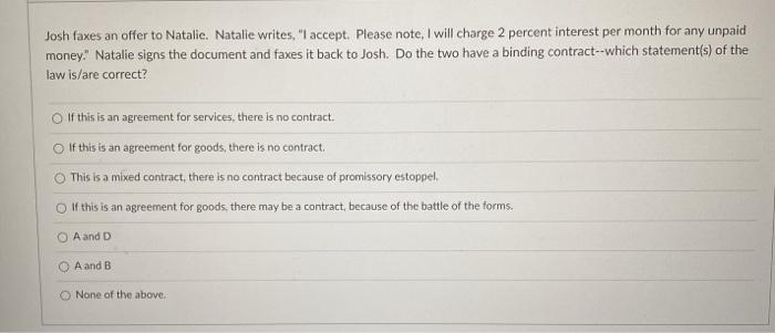 Josh faxes an offer to Natalie. Natalie writes,