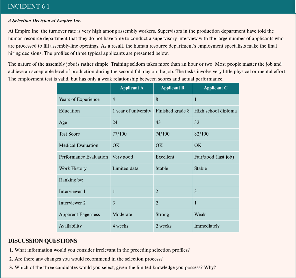 INCIDENT 6-1 A Selection Decision at Empire Inc.