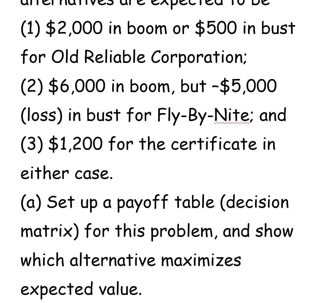 You are considering three investment alternatives