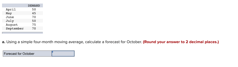 Historical demand for a product is as follows: