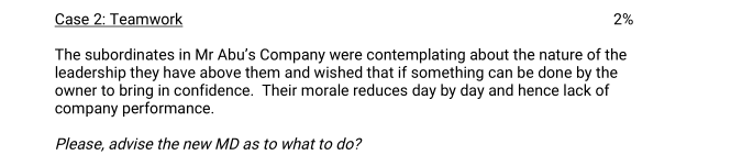 This question is under HRM Case 2: Teamwork 2%
